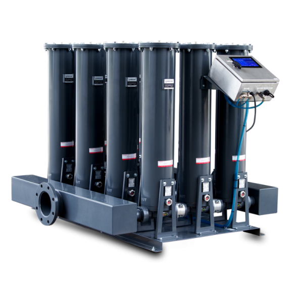 3-stage filtration at 2000 lpm with particle counter at filter inlet and outlet